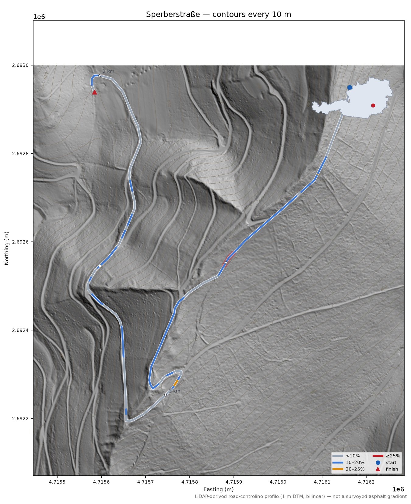 Sperberstraße LiDAR hillshade map with contours