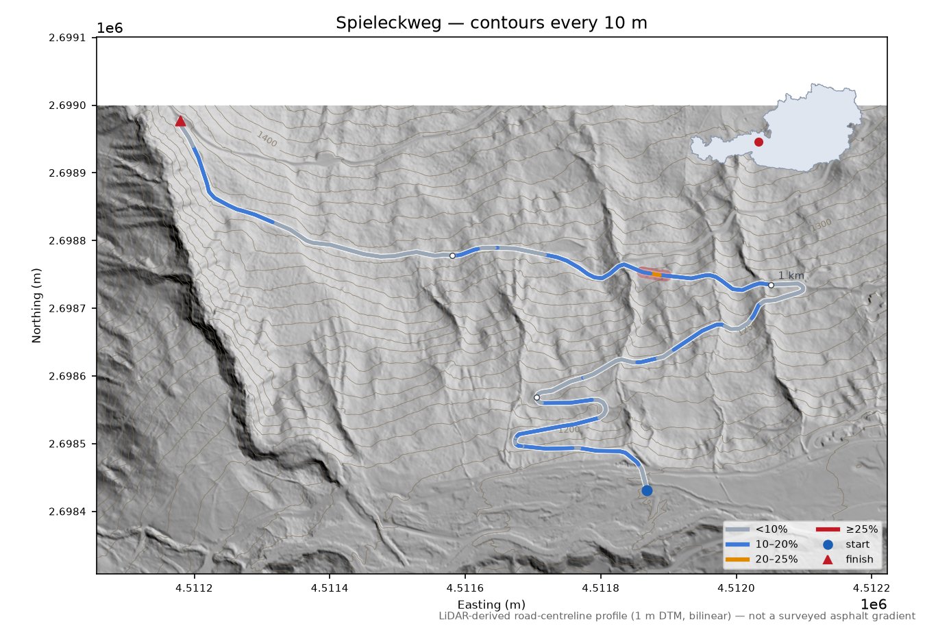 Spieleckweg LiDAR hillshade map with contours