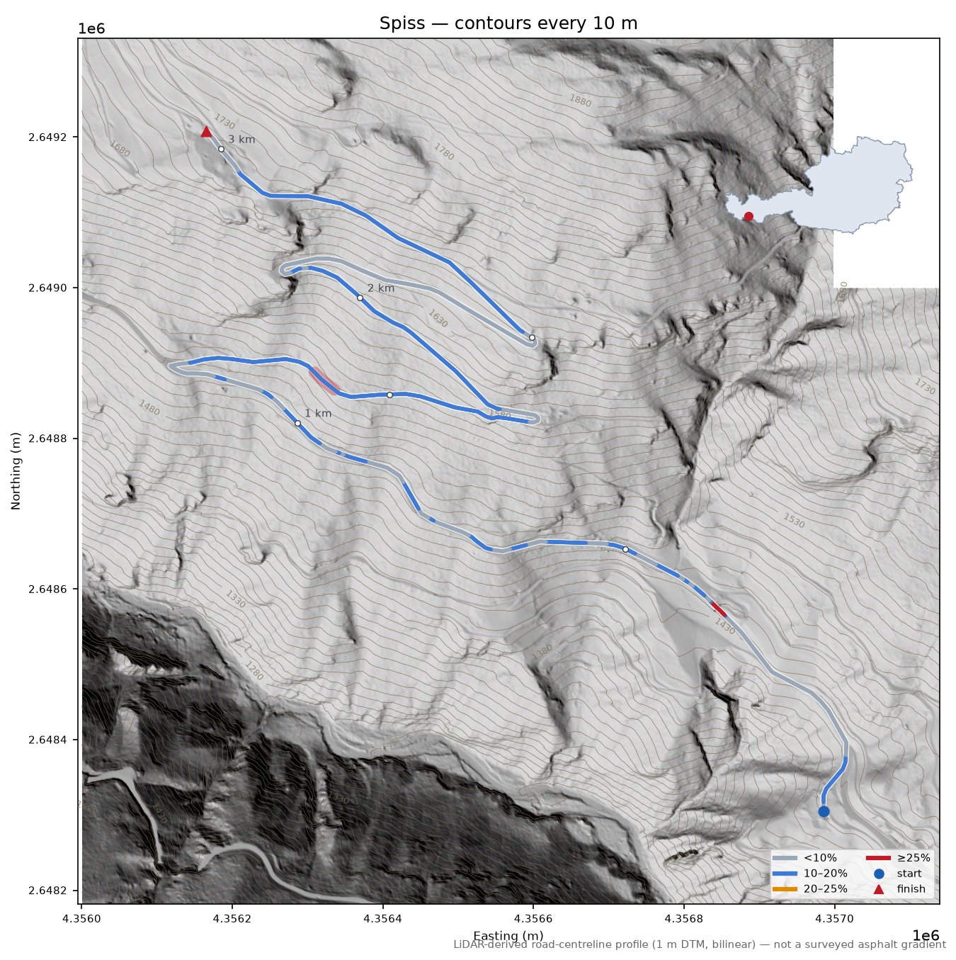 Spiss LiDAR hillshade map with contours