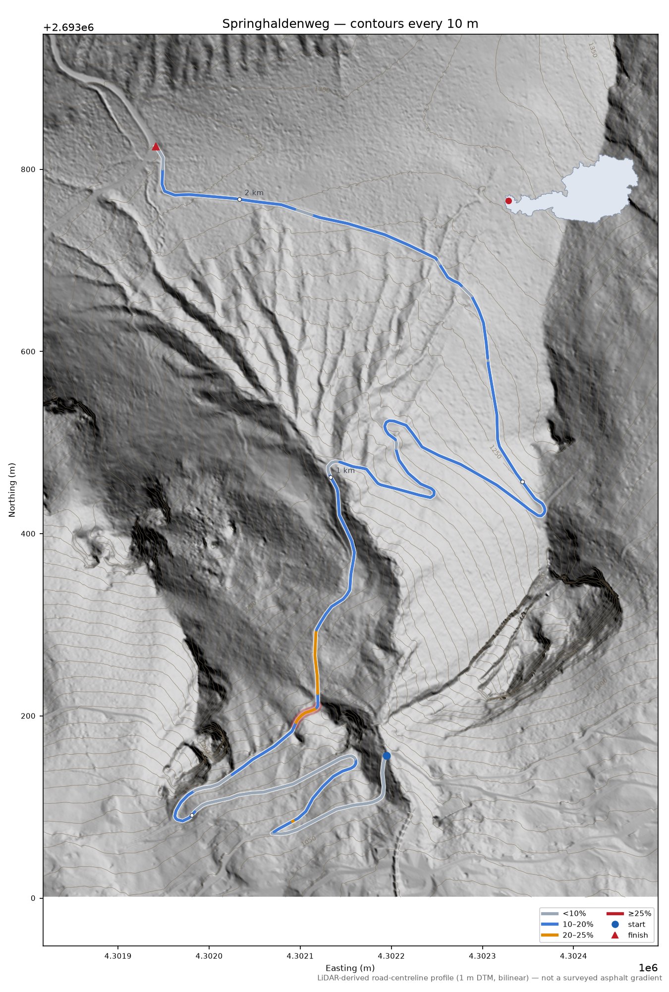 Springhaldenweg LiDAR hillshade map with contours
