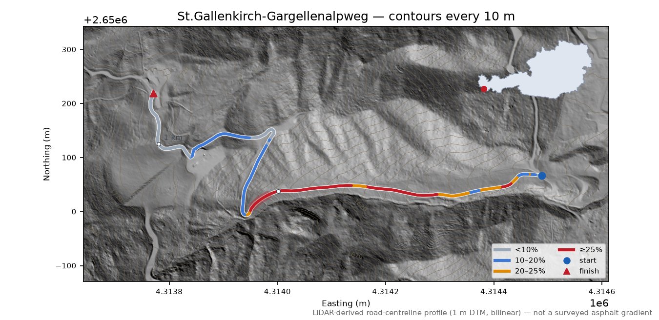 St.Gallenkirch-Gargellenalpweg LiDAR hillshade map with contours