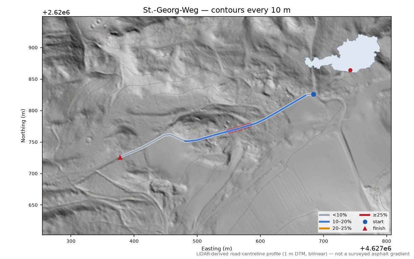 St.-Georg-Weg LiDAR hillshade map with contours