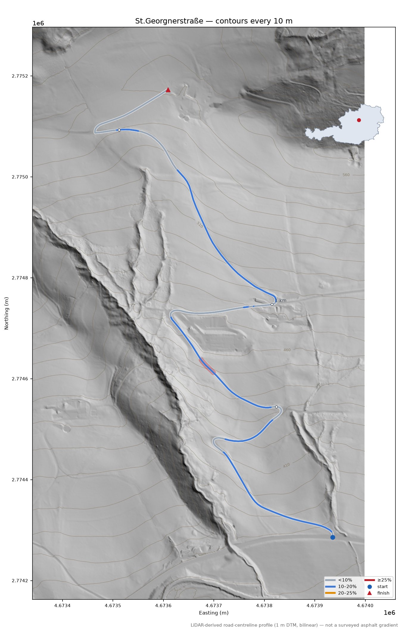 St.Georgnerstraße LiDAR hillshade map with contours