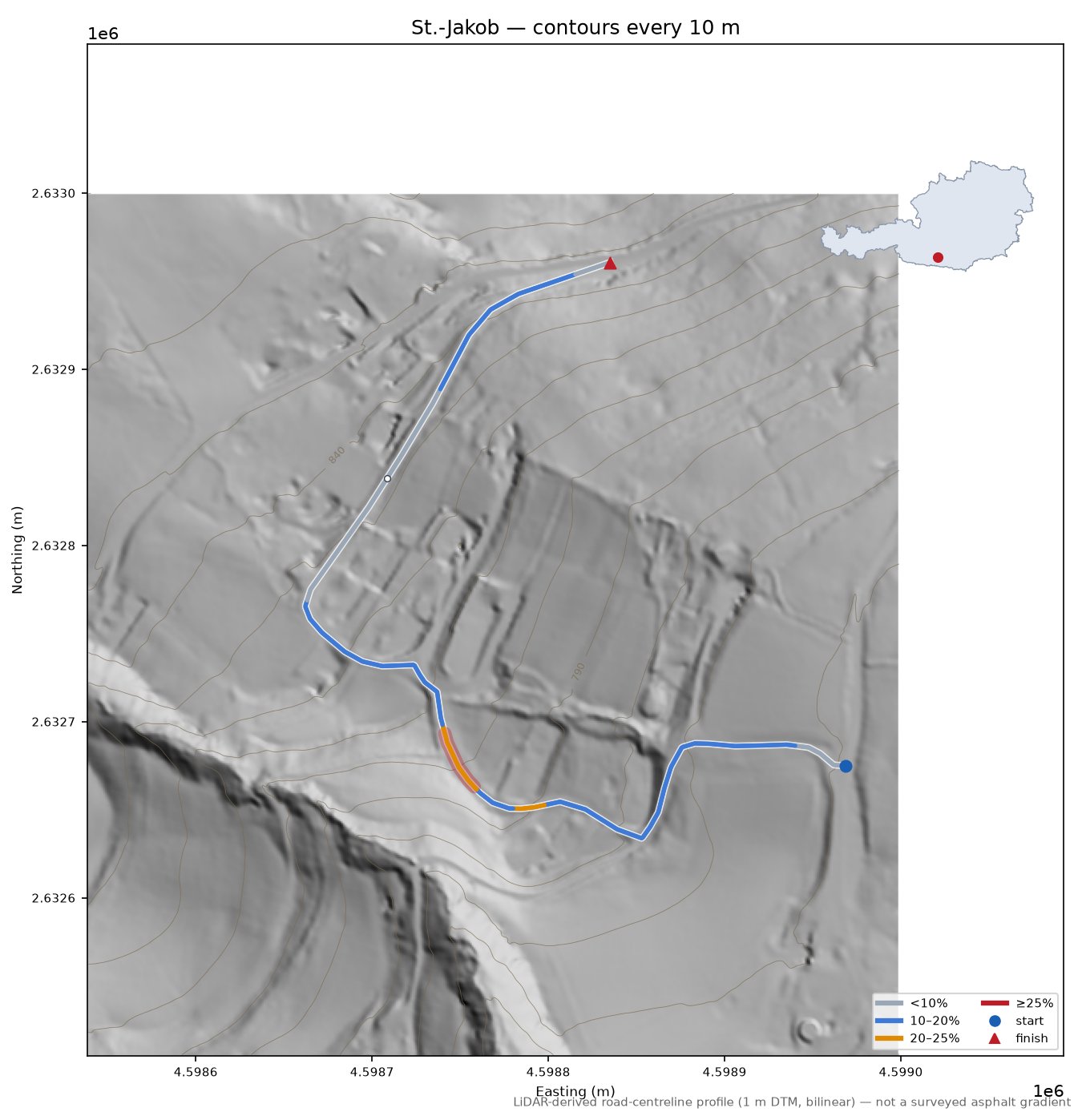 St.-Jakob LiDAR hillshade map with contours