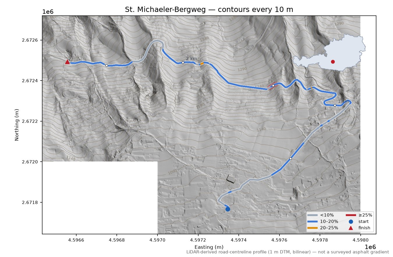 St. Michaeler-Bergweg LiDAR hillshade map with contours