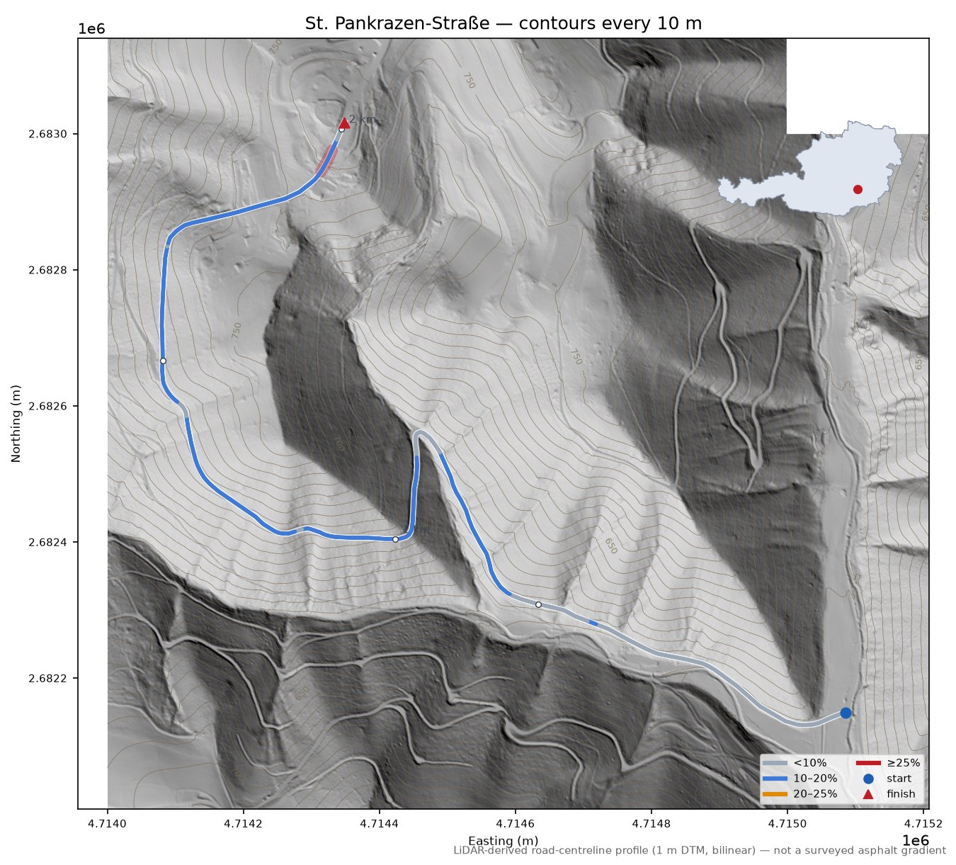 St. Pankrazen-Straße LiDAR hillshade map with contours