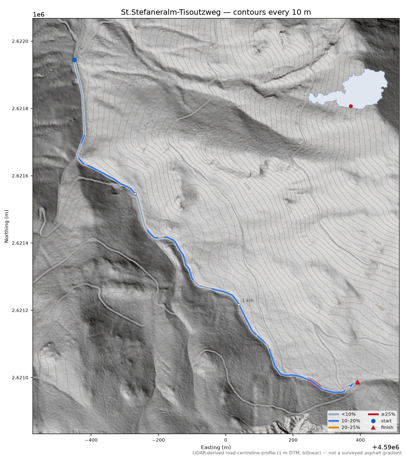 St.Stefaneralm-Tisoutzweg LiDAR hillshade map with contours
