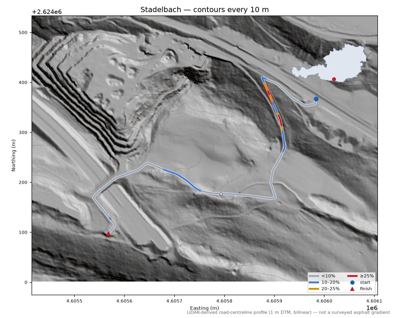 Stadelbach LiDAR hillshade map with contours