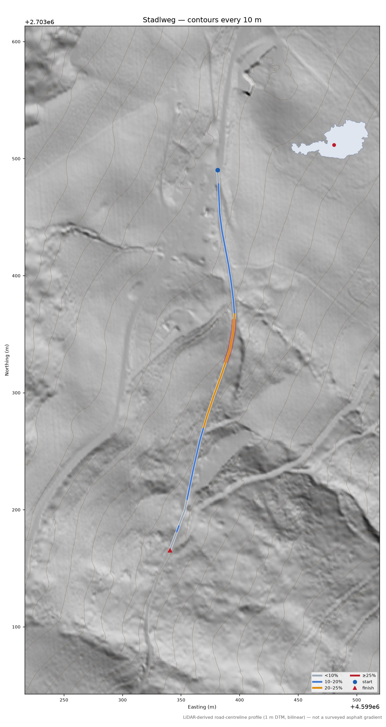 Stadlweg LiDAR hillshade map with contours