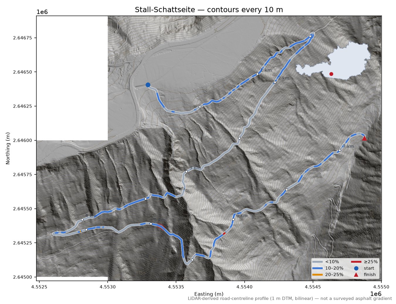 Stall-Schattseite LiDAR hillshade map with contours