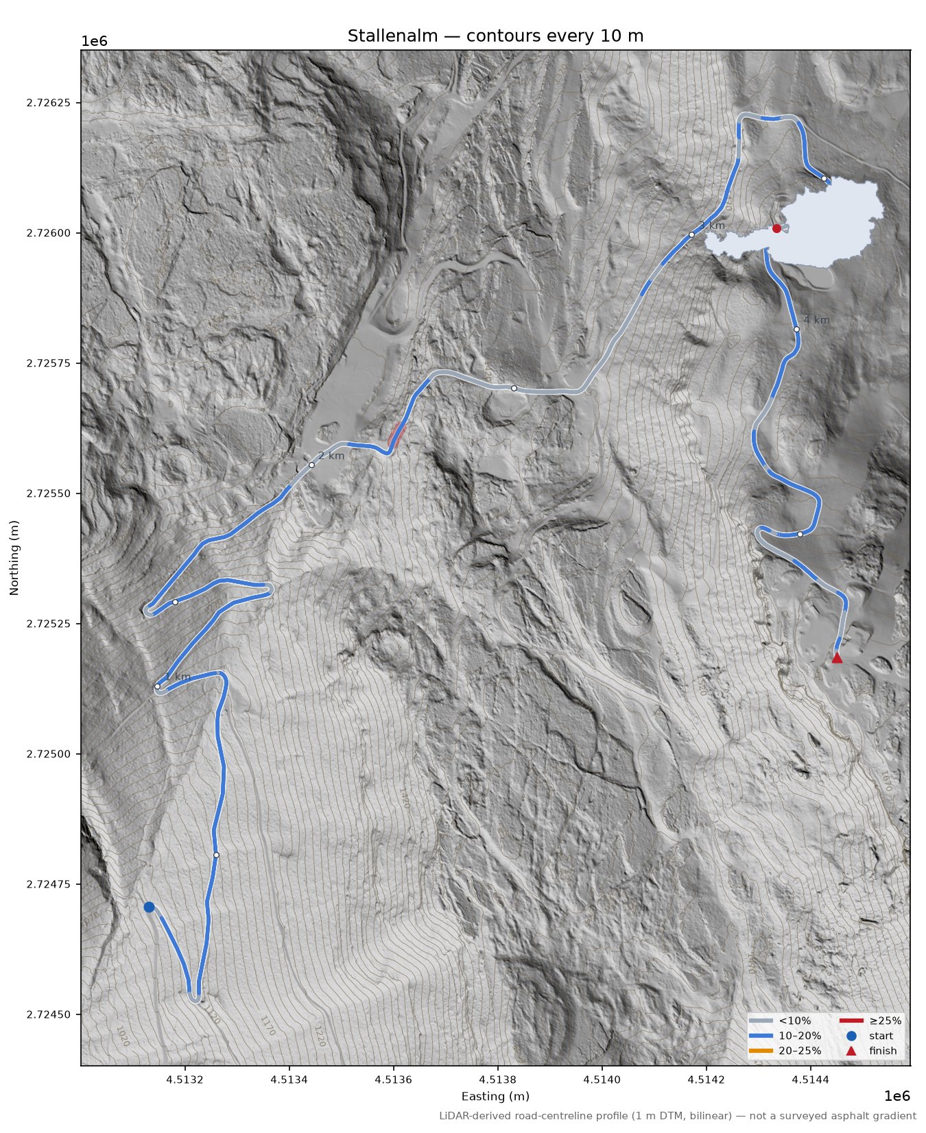 Stallenalm LiDAR hillshade map with contours