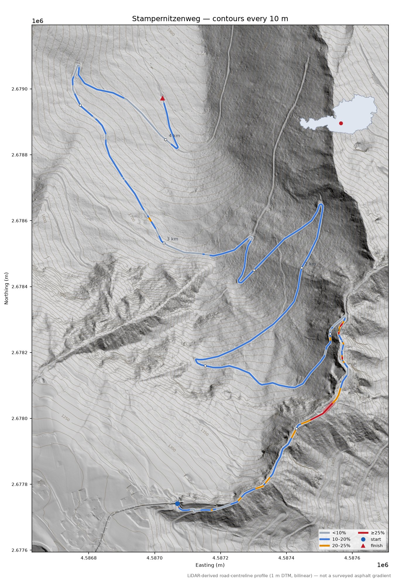 Stampernitzenweg LiDAR hillshade map with contours