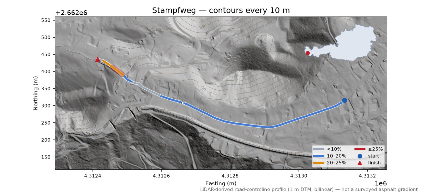 Stampfweg LiDAR hillshade map with contours