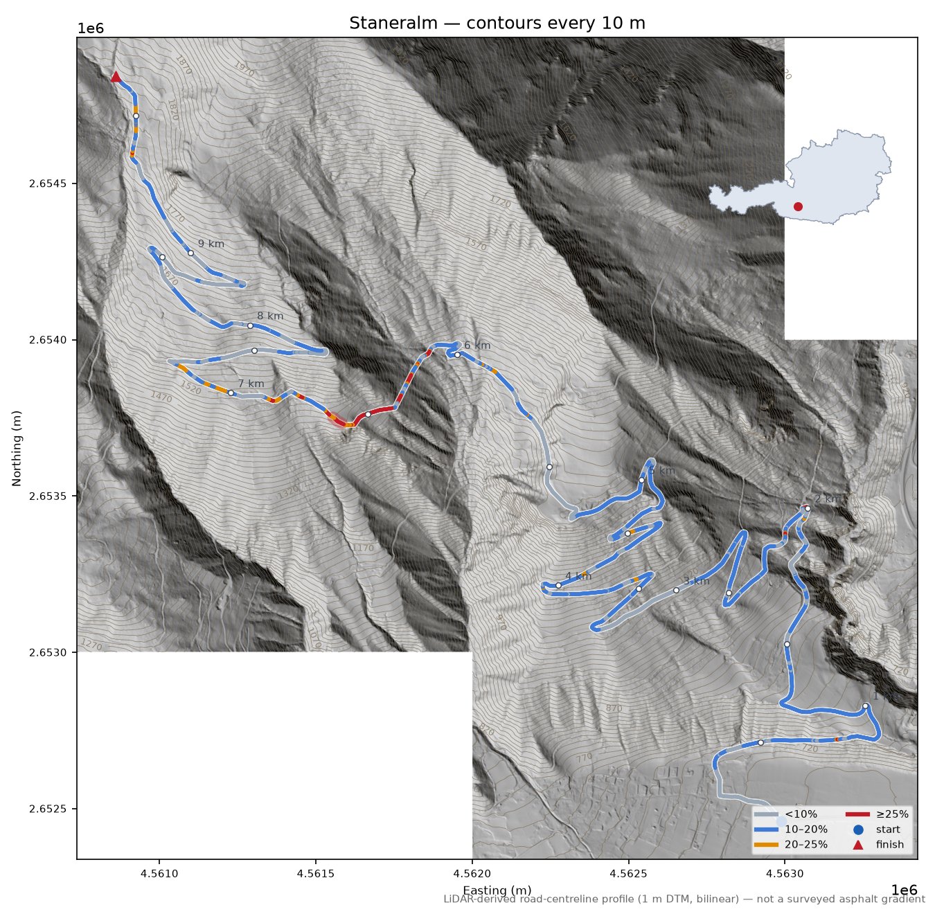 Staneralm LiDAR hillshade map with contours