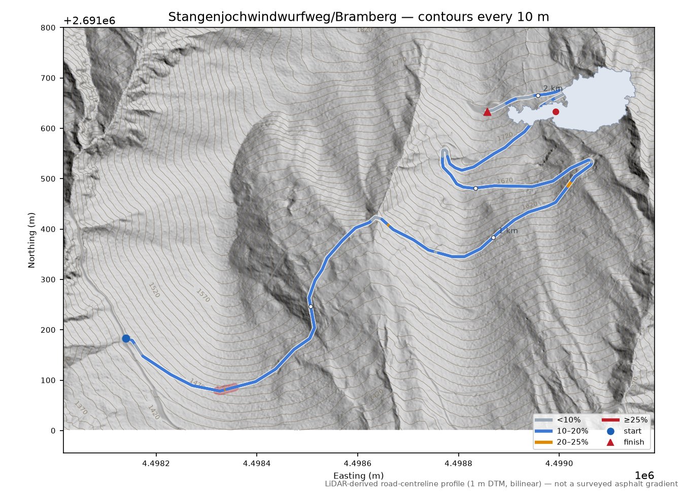Stangenjochwindwurfweg/Bramberg LiDAR hillshade map with contours