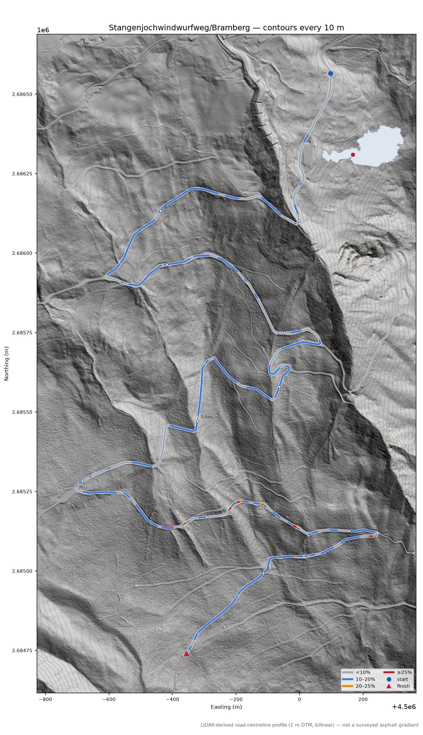 Stangenjochwindwurfweg/Bramberg LiDAR hillshade map with contours