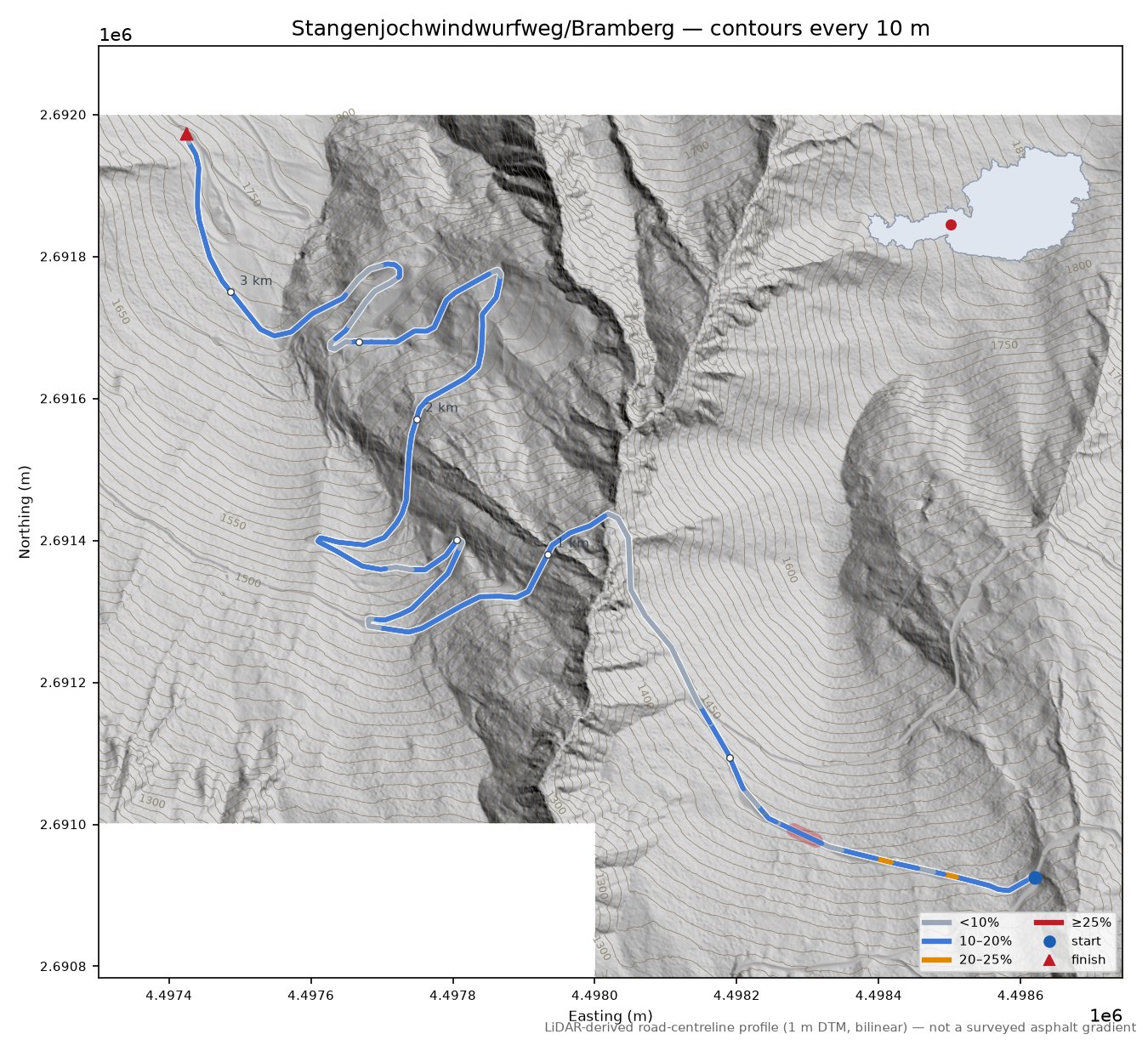 Stangenjochwindwurfweg/Bramberg LiDAR hillshade map with contours