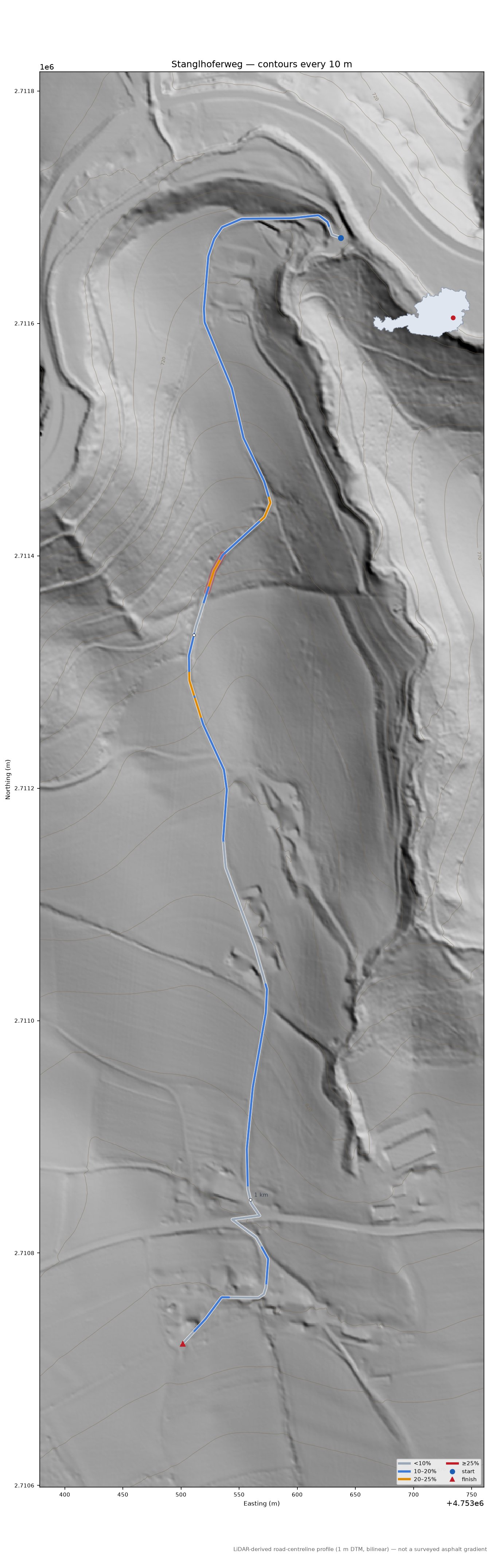 Stanglhoferweg LiDAR hillshade map with contours