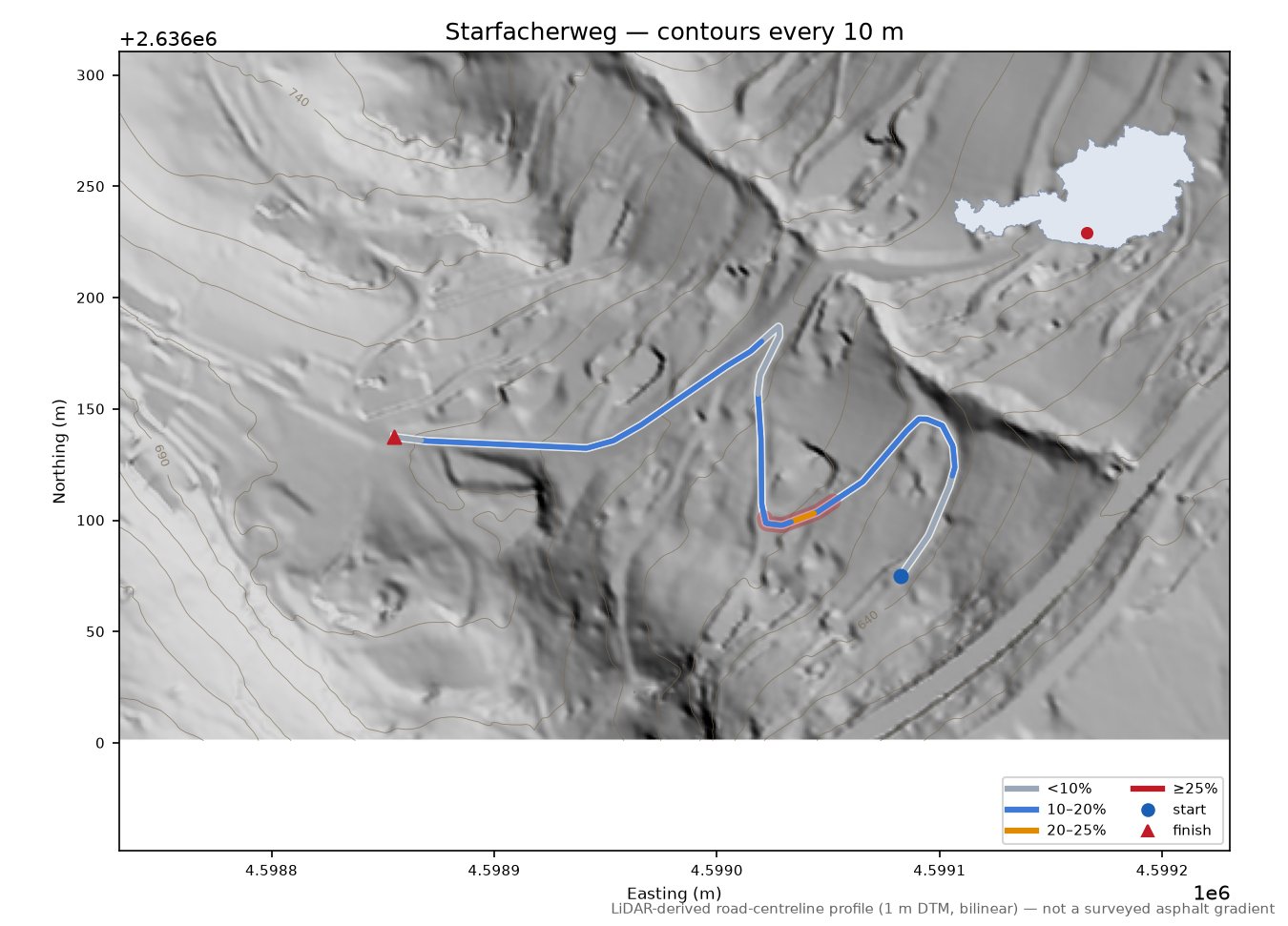Starfacherweg LiDAR hillshade map with contours