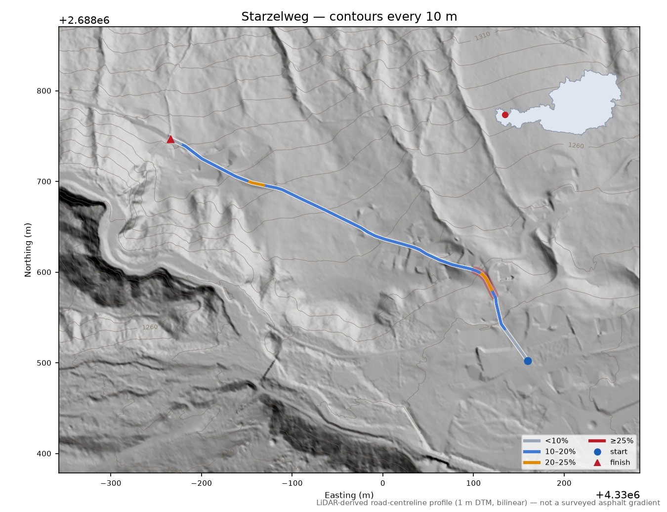 Starzelweg LiDAR hillshade map with contours