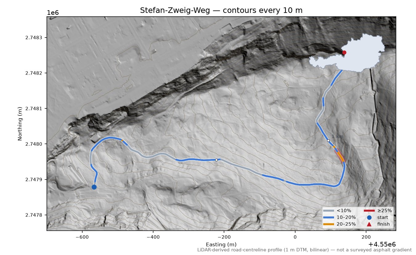 Stefan-Zweig-Weg LiDAR hillshade map with contours