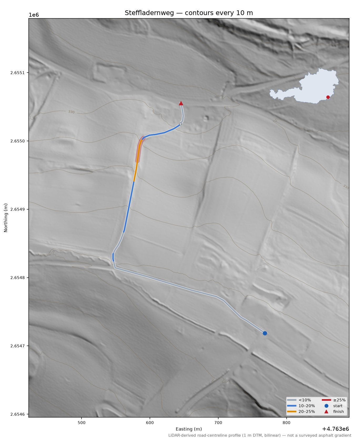 Steffladernweg LiDAR hillshade map with contours