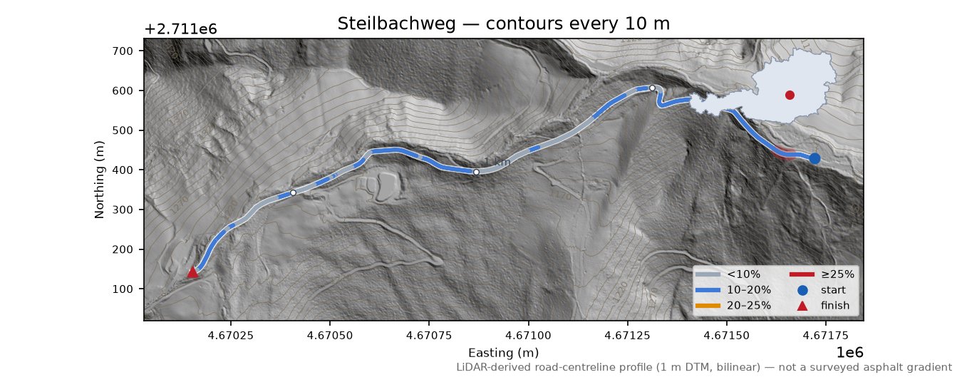 Steilbachweg LiDAR hillshade map with contours