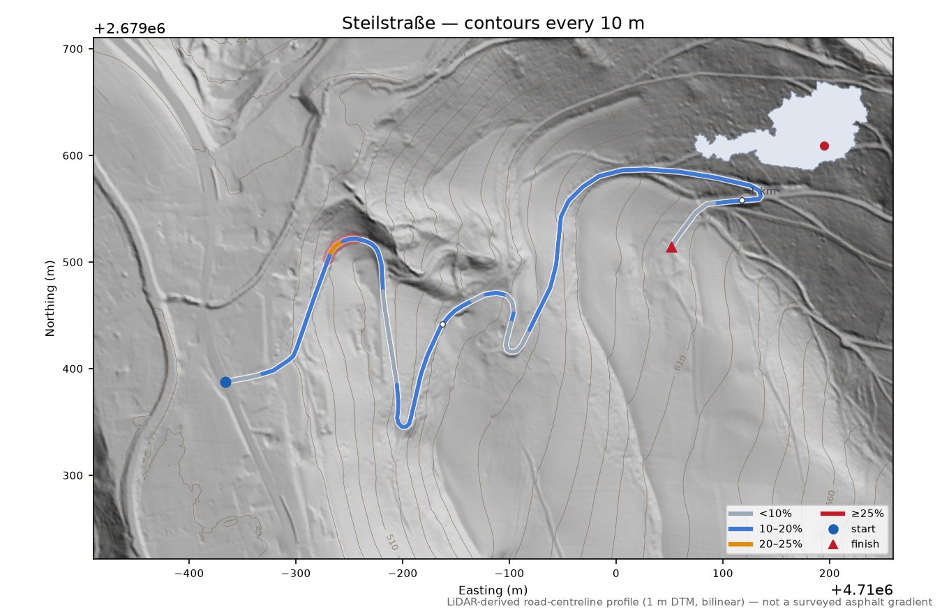 Steilstraße LiDAR hillshade map with contours