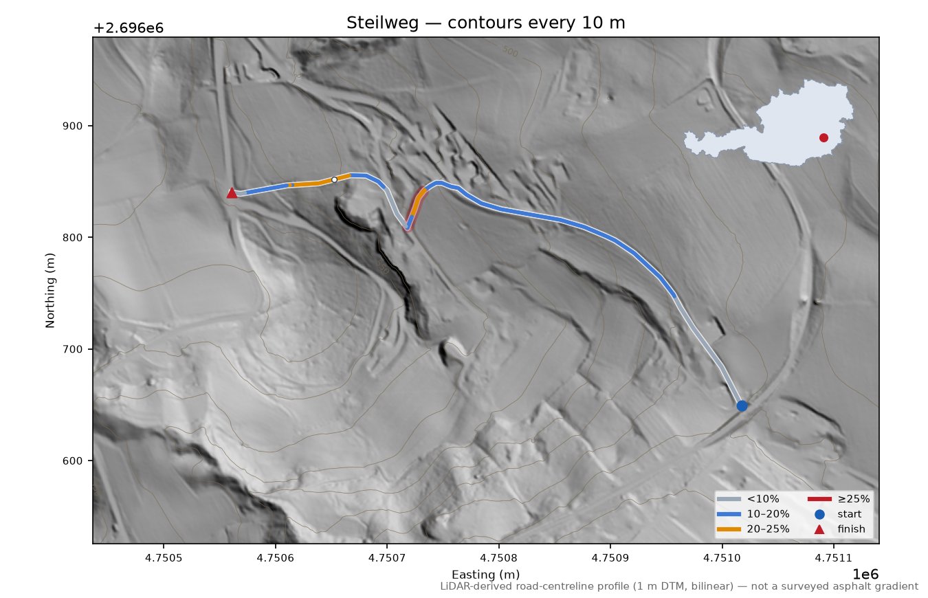 Steilweg LiDAR hillshade map with contours