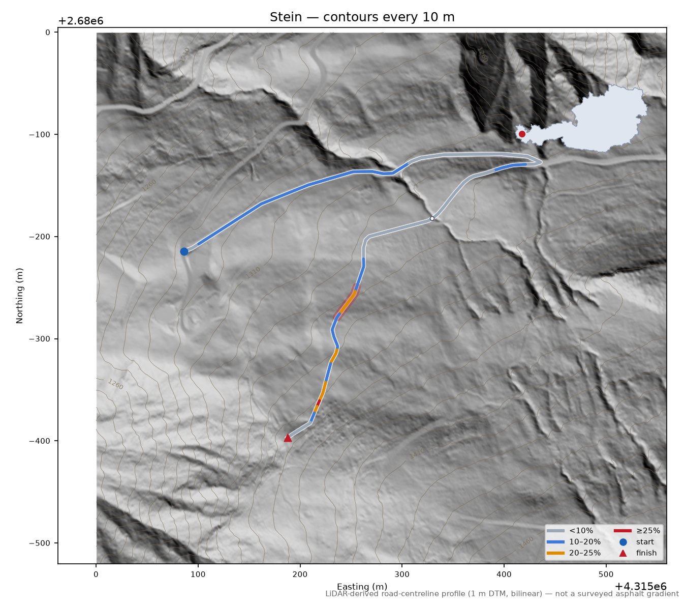 Stein LiDAR hillshade map with contours