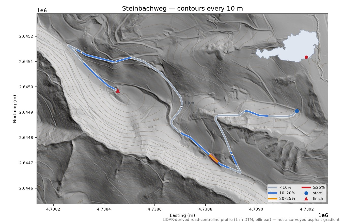 Steinbachweg LiDAR hillshade map with contours