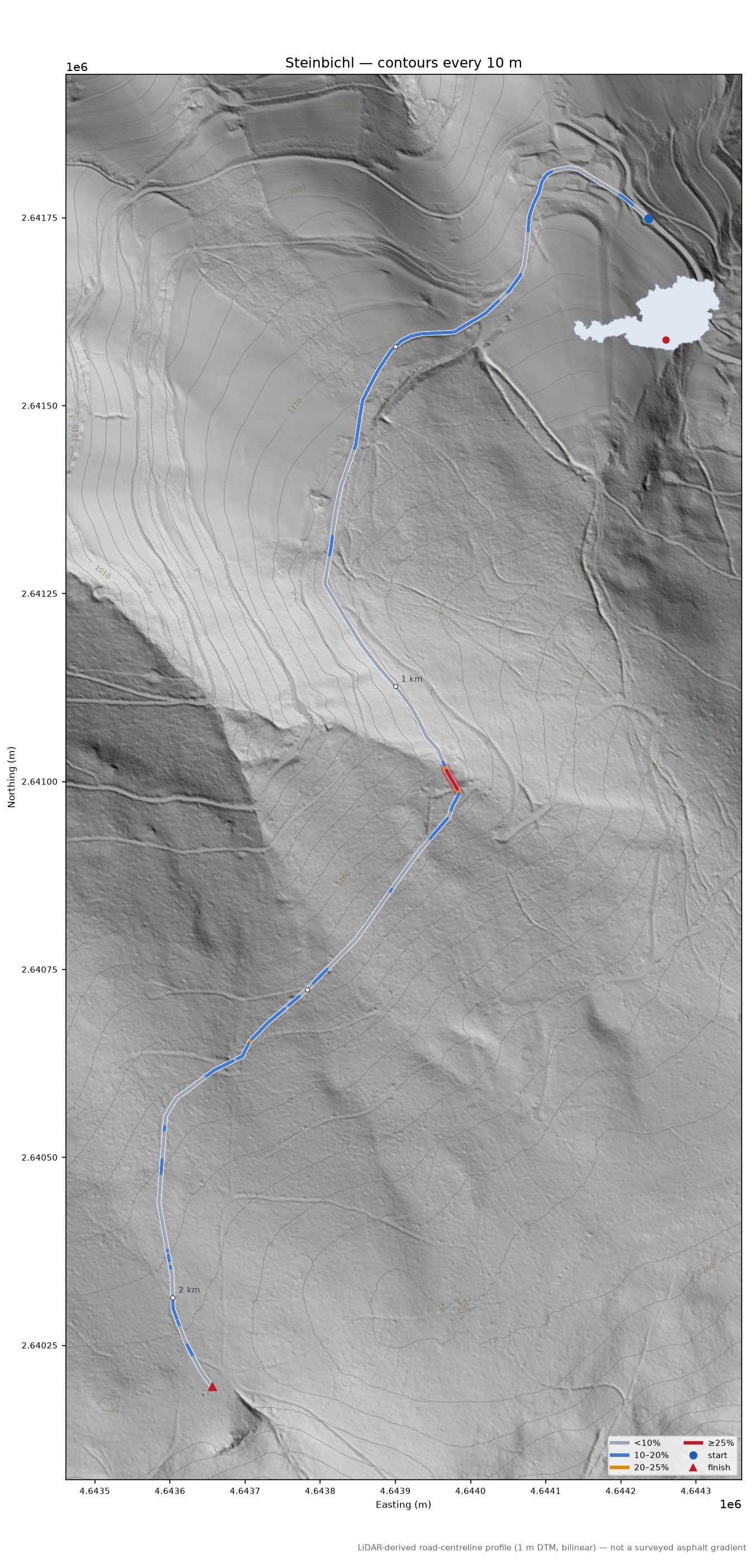 Steinbichl LiDAR hillshade map with contours