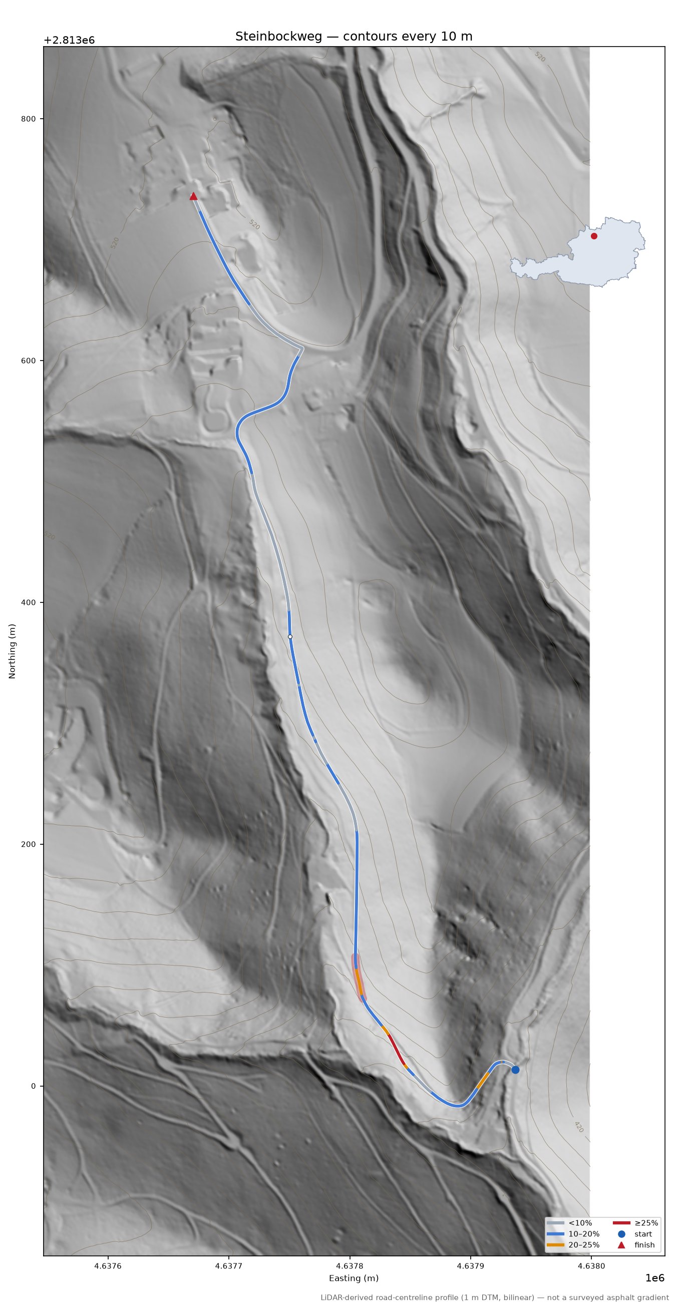 Steinbockweg LiDAR hillshade map with contours