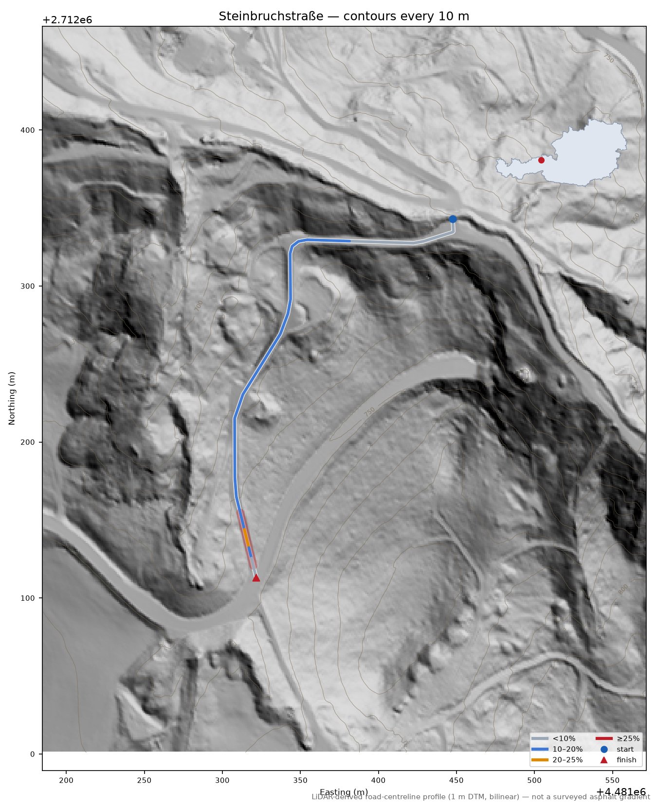 Steinbruchstraße LiDAR hillshade map with contours