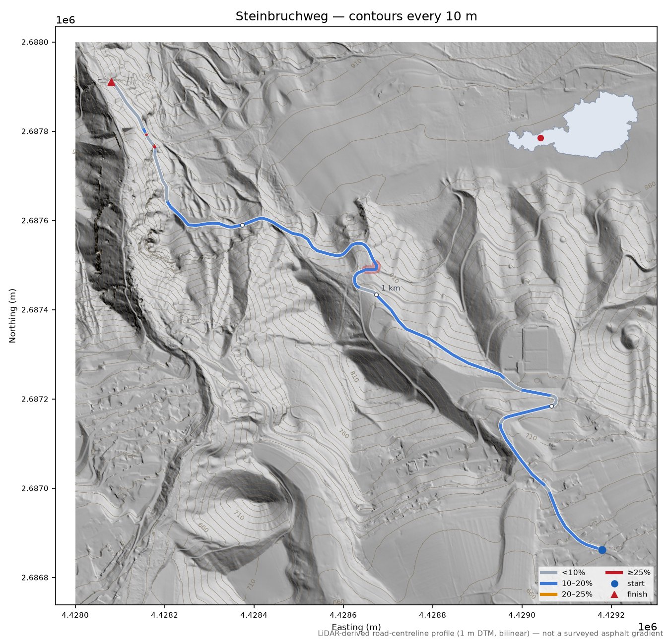 Steinbruchweg LiDAR hillshade map with contours