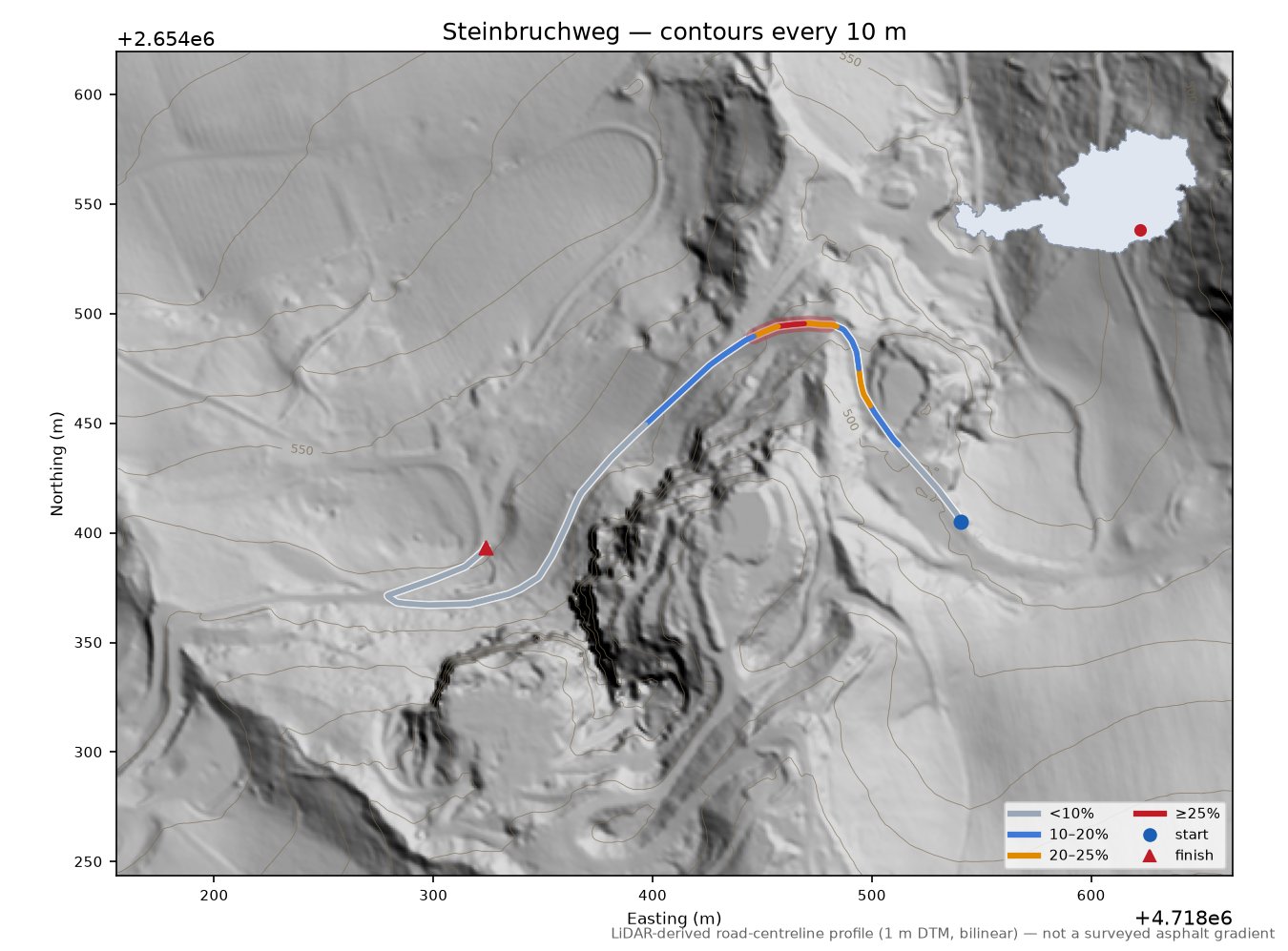 Steinbruchweg LiDAR hillshade map with contours