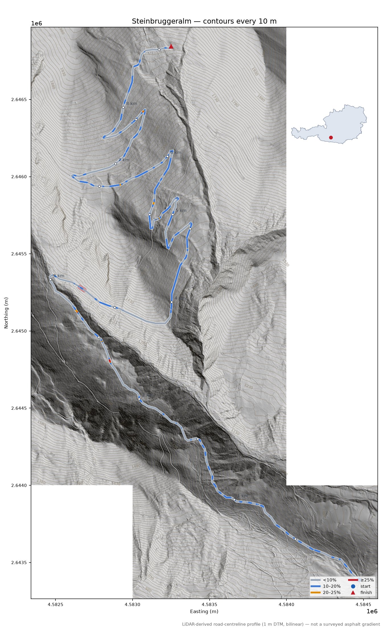 Steinbruggeralm LiDAR hillshade map with contours