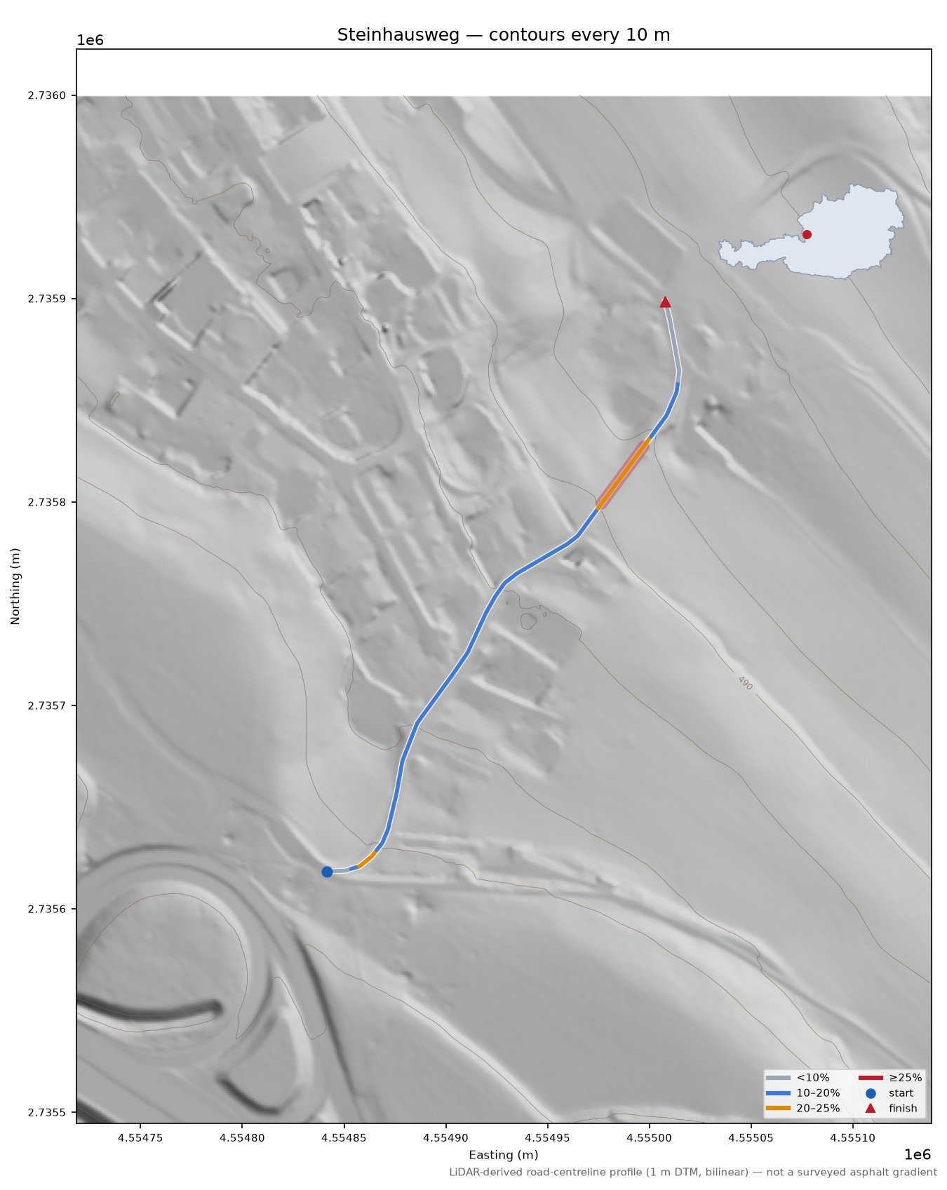 Steinhausweg LiDAR hillshade map with contours