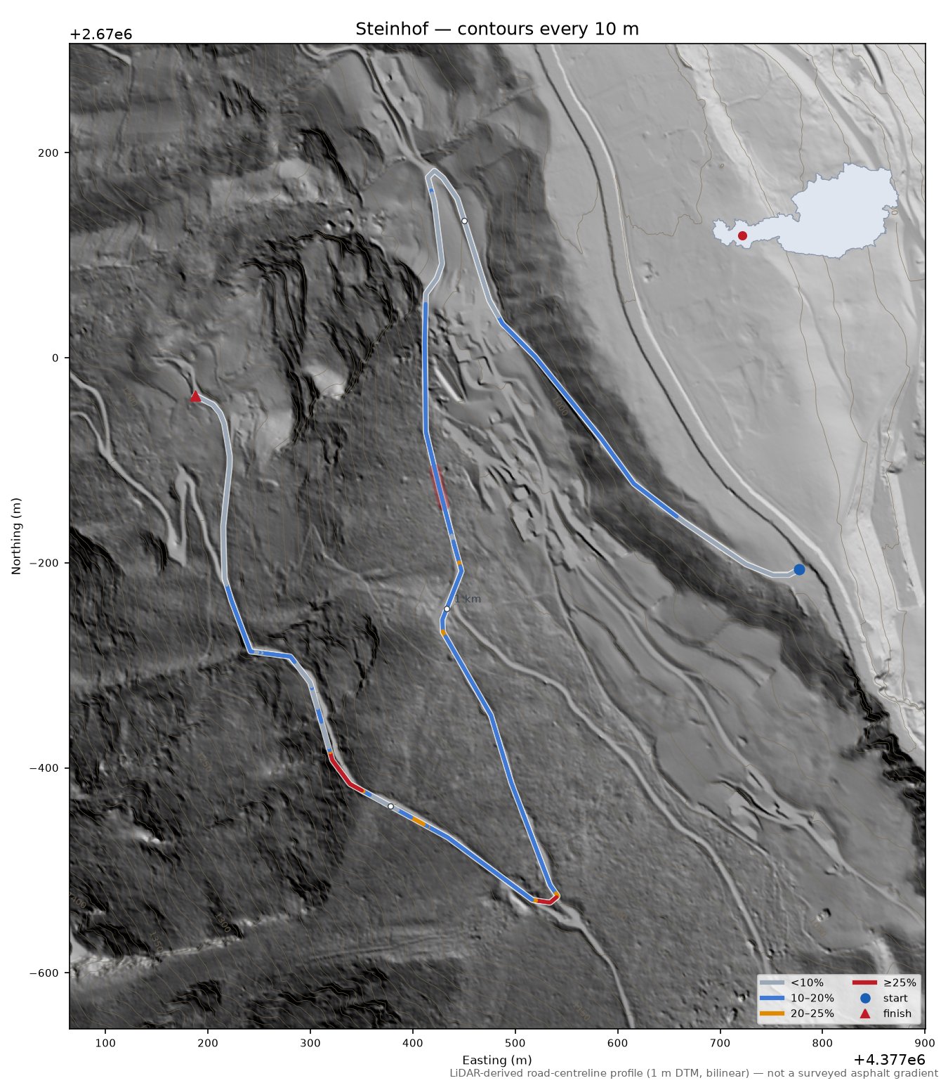 Steinhof LiDAR hillshade map with contours