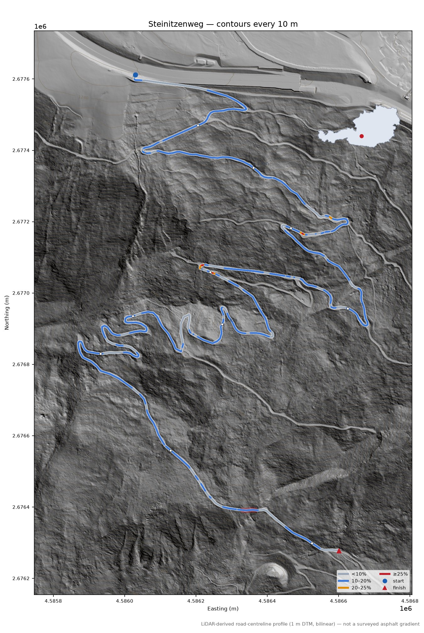 Steinitzenweg LiDAR hillshade map with contours