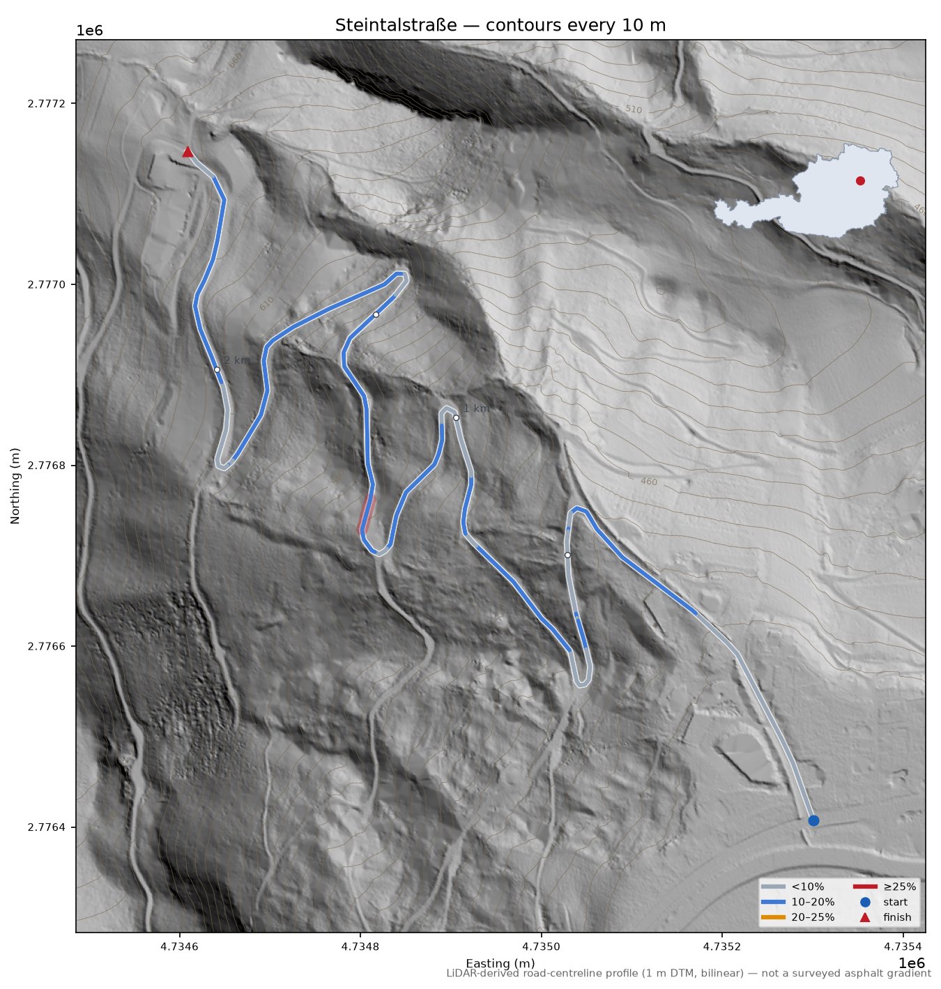 Steintalstraße LiDAR hillshade map with contours
