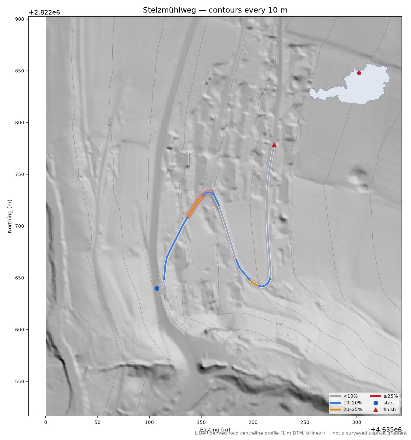 Stelzmühlweg LiDAR hillshade map with contours