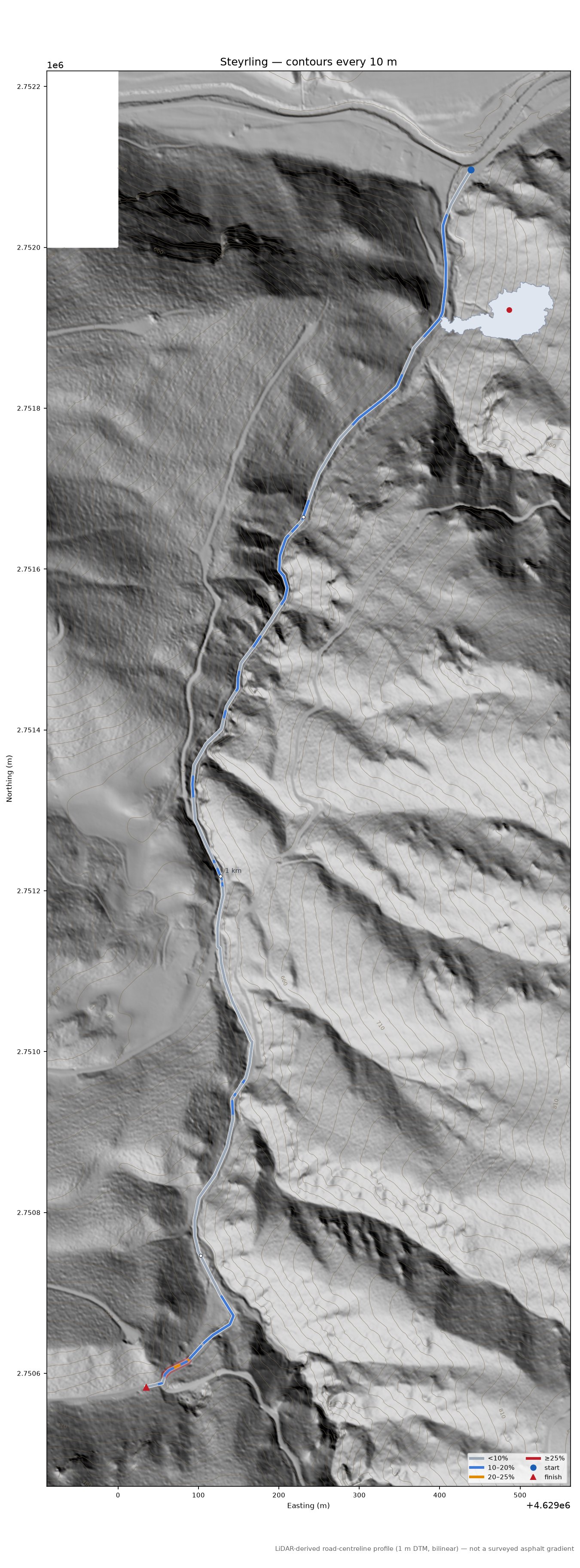Steyrling LiDAR hillshade map with contours