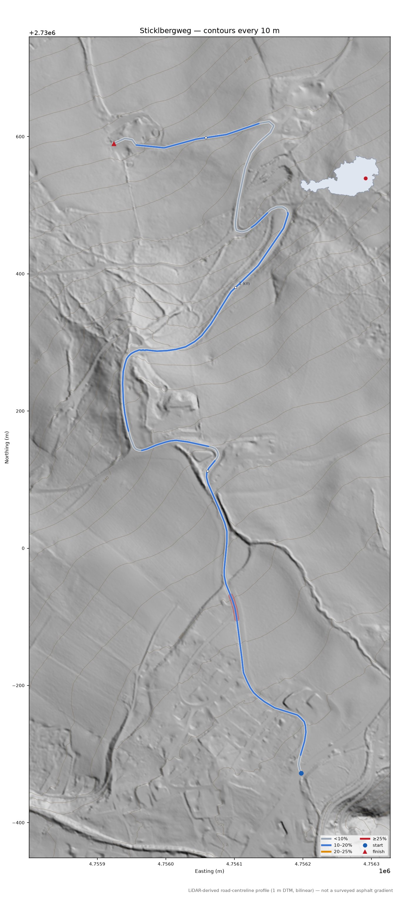 Sticklbergweg LiDAR hillshade map with contours