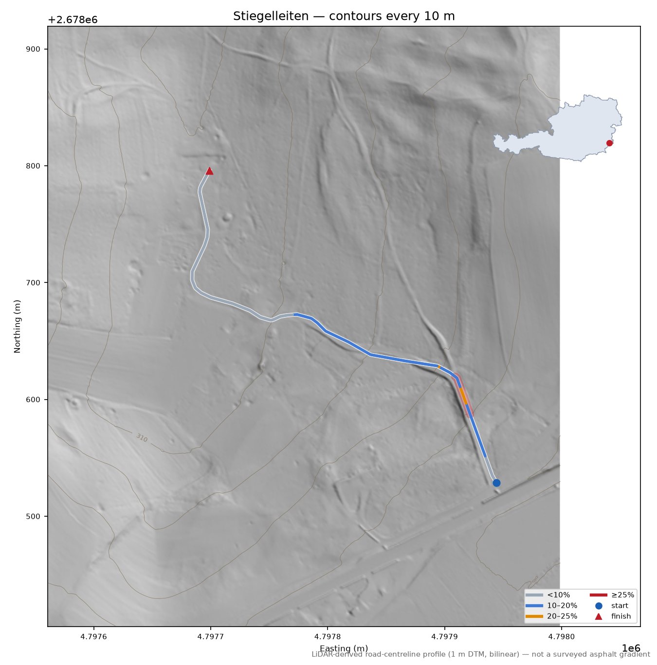 Stiegelleiten LiDAR hillshade map with contours