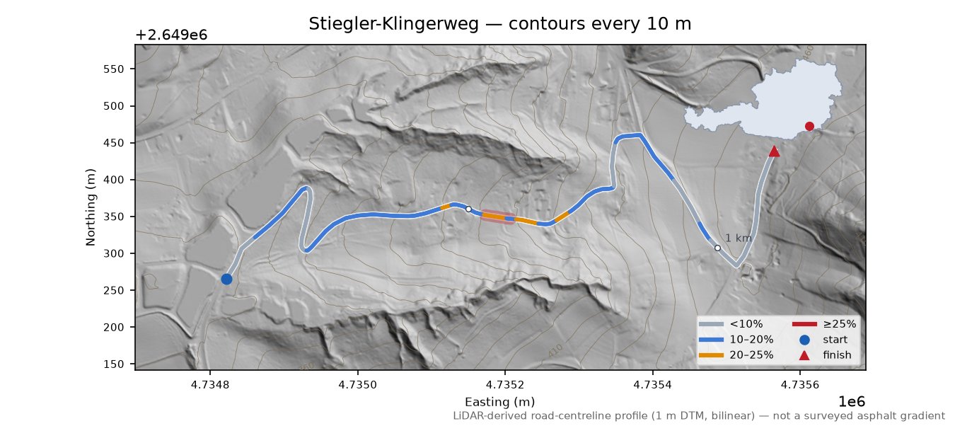 Stiegler-Klingerweg LiDAR hillshade map with contours