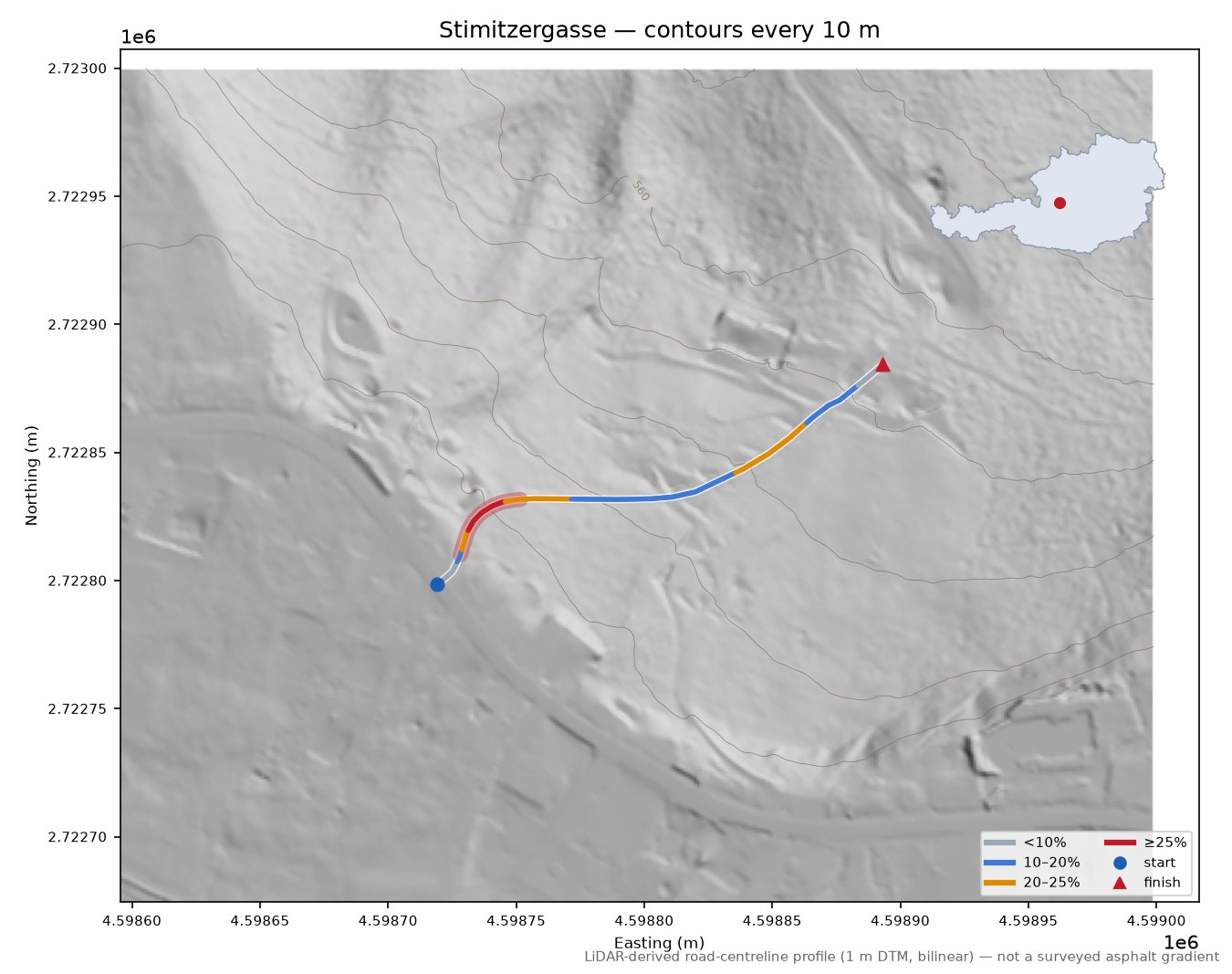 Stimitzergasse LiDAR hillshade map with contours