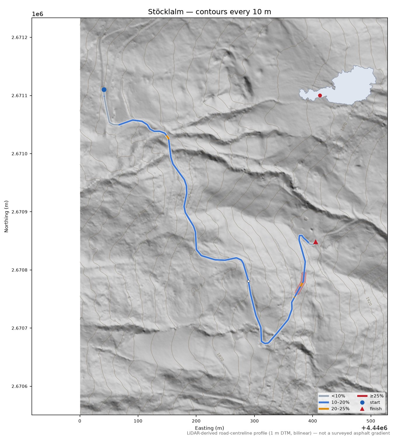 Stöcklalm LiDAR hillshade map with contours