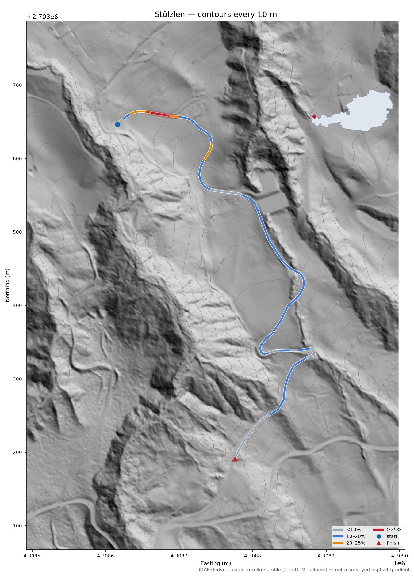 Stölzlen LiDAR hillshade map with contours