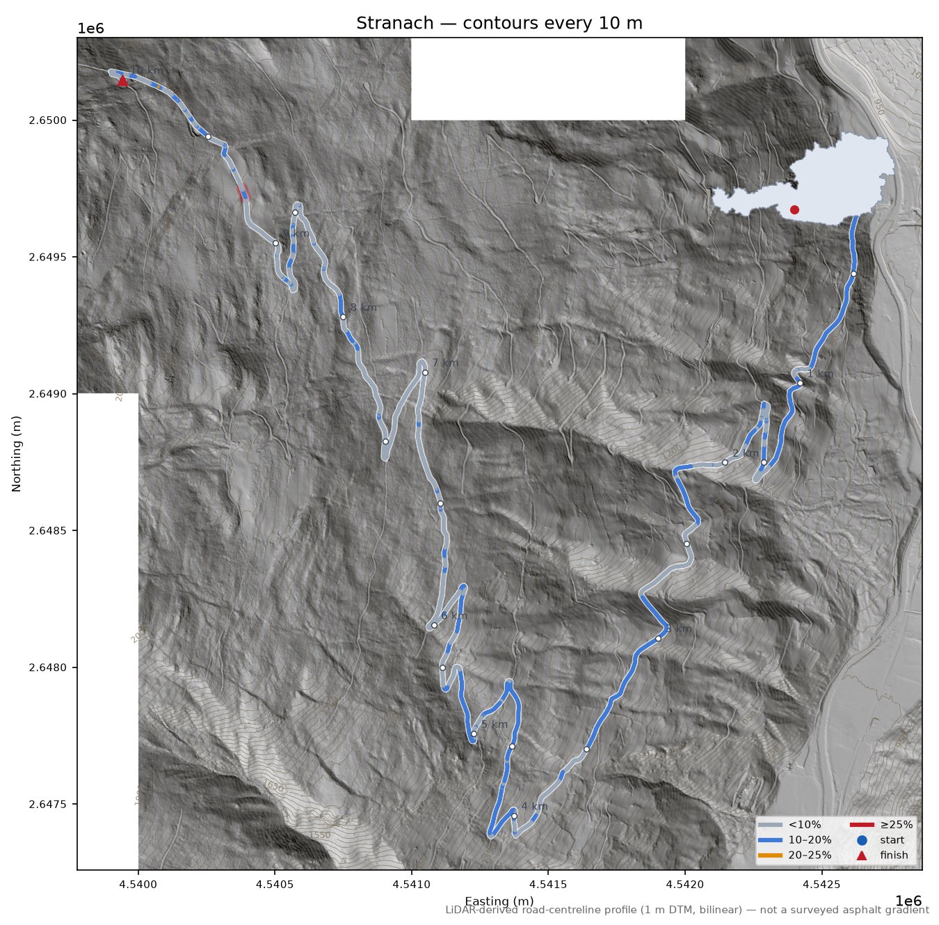 Stranach LiDAR hillshade map with contours